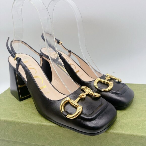 Gucci GG Slingback Horsebit Pumps Chunk Heels Nero Black Leather EU 39 US 9 - Picture 1 of 12